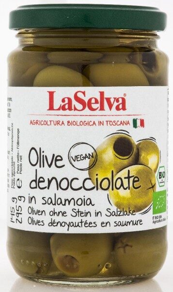 BIO zaļās olīvas bez kauliņiem sālsūdenī, 295 gr